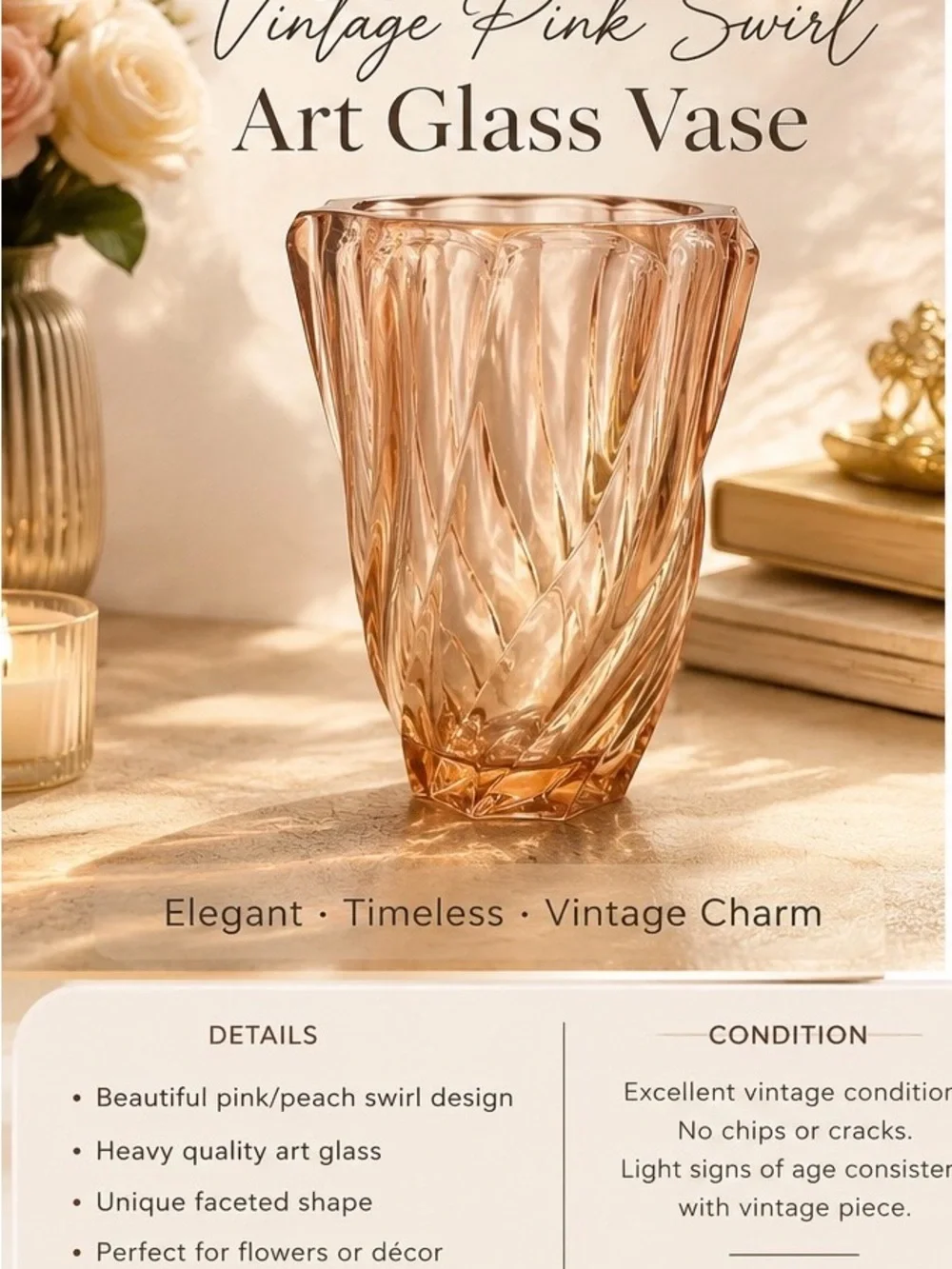 Vintage Pink Swirl Art Glass Vase - Brand: